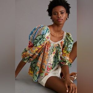 Anthropologie FARM Rio Tropical Print Patterned Lace Inset Peasant Blouse-S